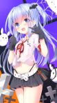  1girl animal belt black_gloves black_skirt blue_eyes blue_hair blush bow eyebrows_visible_through_hair gloves gochuumon_wa_usagi_desu_ka? hair_between_eyes hair_ornament hairclip halloween halloween_costume highres kafuu_chino kouda_suzu light_blue_hair open_mouth red_bow shirt skirt smile x_hair_ornament 