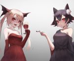  2girls :d alcohol animal_ear_fluff animal_ears bangs bare_shoulders black_dress black_hair blonde_hair breasts cat_ears cigarette cleavage closed_mouth collarbone cup dress drinking_glass earrings eyebrows_visible_through_hair fang fang_out gradient gradient_background grey_background hair_between_eyes highres holding holding_cup hoop_earrings jewelry long_hair looking_at_viewer medium_breasts miyama_(tokiwairo8) multicolored_hair multiple_girls open_mouth original red_dress red_eyes redhead smile strapless strapless_dress streaked_hair twintails very_long_hair wine wine_glass 