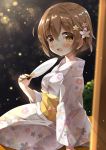  1girl :d bangs blush brown_eyes brown_hair eyebrows_visible_through_hair fan floral_print flower gau_(n00_shi) hair_between_eyes hair_flower hair_ornament highres holding holding_fan japanese_clothes kimono long_sleeves looking_at_viewer moe2018 night obi open_mouth original paper_fan sash short_hair sitting smile solo sparkle uchiwa yukata 