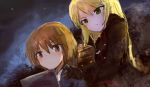  2girls black_gloves blonde_hair brown_eyes brown_hair clouds commentary dark flying frown gloves green_eyes hand_on_another&#039;s_shoulder heinrike_prinzessin_zu_sayn-wittgenstein highres jennifer_j_deblanc long_hair multiple_girls night noble_witches serious short_hair sketch sky uniform world_witches_series 