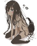  1girl absurdres bangs blush commentary_request dark_skin empty_eyes eyebrows_visible_through_hair full_body gijxgij highres long_hair looking_at_viewer messy_hair no_shoes original raised_eyebrows simple_background sitting sketch_eyebrows solo thigh-highs very_long_hair wariza white_background 