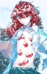  1other androgynous crystal_hair gem highres houseki_no_kuni long_hair looking_at_viewer open_clothes open_shirt padparadscha_(houseki_no_kuni) red_eyes redhead smile solo sparkle upper_body wavy_hair 