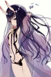  1girl alternate_hair_length alternate_hairstyle arched_back bangs blunt_bangs breasts closed_mouth commentary_request eyebrows_visible_through_hair eyes_visible_through_hair fate_(series) from_side gijxgij gradient_horns highres light_smile long_hair looking_at_viewer navel oni oni_horns purple_hair raised_eyebrows red_horns revealing_clothes see-through see-through_silhouette shuten_douji_(fate/grand_order) simple_background sketch small_breasts solo thick_eyebrows violet_eyes white_background 
