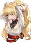  1girl absurdres ahoge alternate_costume alternate_hairstyle arms_behind_head arms_up bandaid bandaid_on_face belt blonde_hair blush breasts brown_eyes collarbone commentary_request cygames granblue_fantasy highres long_hair long_sleeves looking_at_viewer maou_(maoudaisukiya) monica_weisswind mouth_hold one_eye_closed simple_background solo upper_body white_background 