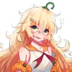  1girl :d bangs bare_shoulders blonde_hair blush cardigan collarbone commentary eyebrows_visible_through_hair flying_sweatdrops girls_frontline green_eyes hair_between_eyes hair_ornament hairclip head_tilt highres long_hair long_sleeves looking_at_viewer meow_nyang off_shoulder open_mouth orange_cardigan orange_sailor_collar puffy_long_sleeves puffy_sleeves red_neckwear s.a.t.8_(girls_frontline) sailor_collar school_uniform serafuku shirt simple_background sleeveless sleeveless_shirt sleeves_past_wrists smile solo white_background white_shirt 