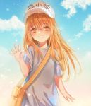  1girl :d blonde_hair blue_shirt character_name eyebrows_visible_through_hair floating_hair hair_between_eyes hat hataraku_saibou long_hair looking_at_viewer open_mouth platelet_(hataraku_saibou) shirt shoku_(dumplings) short_sleeves smile solo upper_body very_long_hair white_hat 