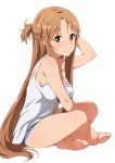  asuna_(sao) bare_arms bare_legs barefoot breasts brown_eyes brown_hair camisole long_hair nakasima-syouta sideboob sitting sword_art_online toes white_background 