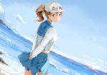  1264222972 1girl absurdres arms_behind_back blue_skirt blue_sky brown_eyes brown_hair candy character_name clouds cowboy_shot day dutch_angle floating_hair food from_behind hair_between_eyes hat hataraku_saibou highres lollipop looking_at_viewer looking_back miniskirt outdoors platelet_(hataraku_saibou) pleated_skirt ponytail shirt skirt sky solo white_hat white_shirt 