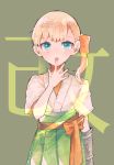  1girl bangs blonde_hair blue_eyes blunt_bangs cowboy_shot eyebrows_visible_through_hair gloves green_hakama grey_background hair_ornament hakama hakama_skirt itomugi-kun japanese_clothes kantai_collection long_hair looking_at_viewer remodel_(kantai_collection) shin&#039;you_(kantai_collection) side_ponytail simple_background single_glove solo standing translated 