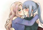  2girls absurdres bangs bare_shoulders blonde_hair blush ear_blush eyebrows_visible_through_hair fei_cai_xiao_r flowers_(innocent_grey) green_eyes grey_eyes grey_hair hair_ornament hair_scrunchie highres hug huge_filesize imminent_kiss komikado_nerine long_hair multiple_girls off_shoulder parted_lips ponytail scrunchie simple_background turtleneck yatsushiro_yuzuriha yuri 