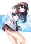  1girl ass bangs black_hair black_skirt blue_sky bow bowtie cardigan clouds cloudy_sky collared_shirt commentary_request day dress_shirt eyebrows_visible_through_hair hand_in_pocket leaning_forward long_hair looking_at_viewer miniskirt pleated_skirt red_neckwear shirt skirt sky solo ssss.gridman takarada_rikka toshi_(1-147) violet_eyes white_background white_cardigan white_shirt 