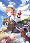  1girl akkijin angel angel_wings apple ass bag blue_eyes blue_sky brown_hair clouds day feathers food fruit green_ribbon halo hat jumping market official_art outdoors paper_bag ribbon shinkai_no_valkyrie shoe_soles shoes sky socks wings 