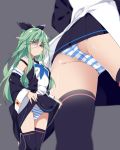  1girl black_legwear black_ribbon black_serafuku black_skirt blue_eyes blue_neckwear commentary_request green_hair grey_background hair_ornament hair_ribbon hairclip highres kantai_collection lifted_by_self long_hair long_sleeves mtu_(orewamuzituda) multiple_views neckerchief panties pleated_skirt ribbon school_uniform serafuku shaded_face simple_background skirt skirt_lift striped striped_panties thigh-highs underwear yamakaze_(kantai_collection) 