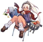  1girl azur_lane bag brown_footwear chair closed_mouth cup dark_skin drinking_straw duffel_bag full_body headphones holding holding_cup loafers logo long_sleeves looking_at_viewer mephist-pheles minneapolis_(azur_lane) notebook official_art pencil ponytail red_eyes red_scarf scarf shoes socks solo transparent_background white_hair white_legwear 
