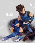  1boy armor artist_name belt boots brown_hair character_name dragon_ball drink grey_background highres monkey_tail pointy_hair shallot_(dragon_ball) sitting solo tail tarutobi 