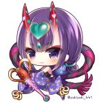  1girl bare_shoulders black_legwear blush chibi closed_mouth commentary_request detached_sleeves fangs fangs_out fate/grand_order fate_(series) frilled_sleeves frills full_body headpiece heart horns long_hair long_sleeves looking_at_viewer no_shoes oni oni_horns purple_hair purple_sleeves short_eyebrows shuten_douji_(fate/grand_order) shuten_douji_(halloween)_(fate) simple_background sleeves_past_fingers sleeves_past_wrists smile solo star star_print stirrup_legwear thick_eyebrows toeless_legwear twitter_username violet_eyes white_background wide_sleeves yukiyuki_441 