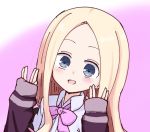  :d abigail_williams_(fate/grand_order) bangs blonde_hair blue_eyes blush bow collared_shirt commentary_request cosplay fate/grand_order fate_(series) forehead gradient gradient_background hands_up jacket kujou_karasuma long_hair long_sleeves looking_at_viewer open_mouth parted_bangs pink_background pink_bow purple_jacket salute shinjou_akane shinjou_akane_(cosplay) shirt sleeves_past_wrists smile ssss.gridman vulcan_salute white_background white_shirt 