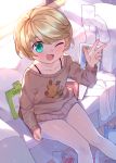  1boy blonde_hair closers collarbone commentary_request couch day eyebrows_visible_through_hair eyes_visible_through_hair green_eyes indoors long_sleeves mistilteinn_(closers) pantyhose pantyhose_removed short_hair sitting solo sweater trap tsubasa_tsubasa w white_legwear window 