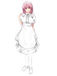  1girl apron blush breasts commentary_request full_body large_breasts looking_at_viewer maid maid_apron maid_headdress nori_tamago open_mouth pantyhose pink_hair red_eyes saigyouji_yuyuko shoes short_hair simple_background sketch smile solo touhou white_background 
