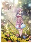  2girls atelier_(series) atelier_lulua bangs bare_shoulders blunt_bangs boots elmerulia_fryxell field flower flower_field green_eyes grey_hair hairband highres jacket key_visual kishida_mel long_hair long_sleeves looking_at_viewer looking_back miniskirt multiple_girls official_art rororina_fryxell skirt staff wagon white_skirt 