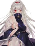  1girl azur_lane bare_shoulders blush breasts colorado_(azur_lane) commentary_request covered_mouth detached_sleeves hairband highres large_breasts long_hair looking_at_viewer red_eyes revision shirako_sei sideboob silver_hair solo upper_body white_background 