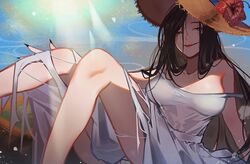  1girl bare_shoulders beach black_eyes black_hair breasts commentary_request dress fingernails flower hair_between_eyes hasshaku-sama hat hat_flower long_fingernails long_hair looking_at_viewer marchab_66 medium_breasts ocean open_mouth original sitting smile solo sun_hat sundress sunlight youkai 