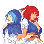  2girls apron bangs belt blue_capelet blue_dress blue_hair breasts capelet closed_eyes commentary_request cookie_(touhou) dress eyebrows_visible_through_hair hair_bobbles hair_ornament hand_on_own_chest hand_up highres hood hooded_capelet kumoi_ichirin large_breasts long_sleeves multiple_girls onozuka_komachi open_mouth profile puffy_short_sleeves puffy_sleeves redhead short_hair short_sleeves simple_background solidstatesurvivor touhou two_side_up upper_body waist_apron white_apron white_background white_dress 