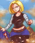  1girl android_18 belt black_legwear blonde_hair blue_eyes blue_skirt breasts clenched_hand denim denim_skirt dragon_ball dragonball_z earrings groin hair_between_eyes highres jacket jacket_removed jewelry lips looking_at_viewer medium_breasts midriff miniskirt pantyhose randomboobguy red_ribbon_army serious short_hair skirt solo thick_thighs thighs torn_clothes torn_legwear undressing wide_hips you_gonna_get_raped 