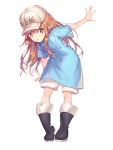  1girl black_footwear blonde_hair blue_shirt boots brown_eyes character_name floating_hair hair_between_eyes haitang hat hataraku_saibou highres leaning_forward long_hair open_mouth outstretched_arm platelet_(hataraku_saibou) shiny shiny_hair shirt short_shorts short_sleeves shorts simple_background solo standing very_long_hair white_background white_hat white_shorts 