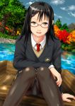  1girl :d ano_hito black_hair blue_sky brown_eyes brown_legwear brown_vest glasses hair_ornament hairclip long_hair looking_at_viewer necktie open_mouth original outdoors panties pantyhose pantyshot pantyshot_(sitting) red_neckwear school_uniform sitting sky smile solo tree underwear uniform vest water 