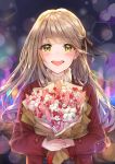  1girl blush bouquet brown_hair coat cuna_(qunya) flower highres holding holding_bouquet long_hair looking_at_viewer nail_polish original pink_nails red_coat red_flower solo upper_body white_flower yellow_eyes 