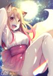  1girl :d animal_ear_fluff animal_ears arm_up ass bangs blurry blurry_background chita_(ketchup) commentary_request depth_of_field eyebrows_visible_through_hair fangs fox_ears fox_girl fox_tail gradient_hair hair_between_eyes highres japanese_clothes kimono light_brown_hair long_hair looking_at_viewer multicolored_hair open_mouth original panties pleated_skirt red_eyes red_skirt redhead short_eyebrows short_kimono signature sitting skirt smile solo tail tail_raised thick_eyebrows underwear very_long_hair white_kimono white_panties 