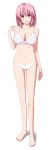  1girl barefoot blush bra breasts cleavage collarbone commentary_request eyebrows_visible_through_hair full_body highres large_breasts looking_at_viewer navel nori_tamago open_mouth panties pink_hair red_eyes saigyouji_yuyuko short_hair simple_background smile solo touhou underwear underwear_only white_background white_bra white_panties 
