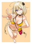  1girl ;) ahoge arm_up barefoot bikini blonde_hair blue_eyes blush braid breasts choker cleavage collarbone from_above hair_ornament hand_on_hip kizuna_akari long_hair looking_at_viewer medium_breasts navel one_eye_closed shiny shiny_hair single_braid smile solo swimsuit v-shaped_eyebrows very_long_hair voiceroid yellow_bikini yodare_(3yami8) 