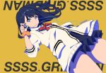  artist_name bangs black_hair black_skirt blue_eyes bow cardigan commentary dutch_angle earphones english_commentary hand_in_pocket long_hair long_sleeves microskirt orange_scrunchie pleated_skirt red_bow school_uniform scrunchie shirt skirt ssss.gridman sweater takarada_rikka thighs title white_cardigan white_shirt white_sweater wrist_scrunchie yellow_background yume_ou 