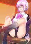  1girl ass black_panties bow bowtie breasts chair collared_shirt commentary_request dress_shirt glasses grey_legwear jacket kneehighs knees_up large_breasts lavender_hair legs looking_at_viewer off_shoulder office_chair open_clothes open_jacket panties pantyhose pantyhose_pull pink-framed_eyewear purple_jacket purple_neckwear red_eyes school_uniform shinjou_akane shirt short_hair sitting skirt smile ssss.gridman super_zombie underwear white_shirt 