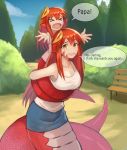  &gt;_&lt; 2girls :d adult bench blue_skirt bush carrying child collarbone commentary commission cute day english english_commentary family lamia long_hair miia_(monster_musume) monster_girl monster_musume_no_iru_nichijou mother_and_daughter multiple_girls open_mouth original outdoors outstretched_arms park piggyback redhead scales skirt smile sookmo speech_bubble tank_top tears tree white_tank_top xo yellow_eyes 