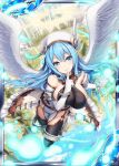  1girl akkijin angel angel_wings bare_shoulders blue_eyes blue_hair breasts card_(medium) city cleavage finger_to_mouth flying gauntlets gloves halo hat hitodama large_breasts looking_at_viewer official_art shinkai_no_valkyrie thigh-highs white_gloves wings 