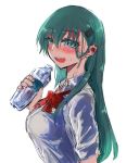  1girl agtt25333 aqua_eyes aqua_hair blush bottle bow bowtie breasts collared_shirt eyebrows_visible_through_hair hair_between_eyes hair_ornament hair_over_shoulder hairclip highres holding holding_bottle kantai_collection long_hair loose_bowtie medium_breasts no_jacket open_mouth red_neckwear round_teeth shirt short_sleeves smile solo suzuya_(kantai_collection) sweat teeth upper_body water white_shirt 