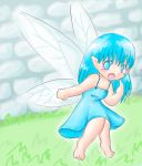  1girl aqua_hair blackwater-hime blue_eyes blush chibi cute dress elf fairy fairy_wings grass navi nintendo no_footwear open_mouth pointy_ears solo the_legend_of_zelda the_legend_of_zelda:_ocarina_of_time wall wings 