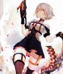  1girl bangs black_gloves black_skirt blurry blurry_background breasts brown_eyes brown_hair brown_legwear bullet closed_mouth commentary_request depth_of_field dyolf eyebrows_visible_through_hair girls_frontline gloves gluteal_fold gun hair_between_eyes highres holding holding_gun holding_weapon kriss_vector looking_at_viewer medium_breasts panties pleated_skirt puffy_short_sleeves puffy_sleeves shirt short_sleeves shotgun_shells signature skirt solo standing submachine_gun thigh-highs underwear vector_(girls_frontline) weapon white_panties white_shirt 