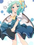  1girl aqua_eyes ascot blue_dress blush commentary_request daiyousei do_(4-rt) dress dress_tug eyebrows_visible_through_hair fairy_wings green_hair hair_ribbon highres long_hair looking_at_viewer open_mouth puffy_short_sleeves puffy_sleeves ribbon short_sleeves side_ponytail simple_background solo spoken_blush touhou white_background wings yellow_neckwear yellow_ribbon 
