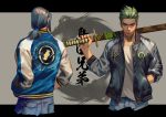  2boys brothers brown_eyes casual denim eyebrows forehead genji_(overwatch) green_hair hand_in_pocket hands_in_pockets hanzo_(overwatch) highres holding holding_weapon jacket jeans letterman_jacket looking_at_viewer low_ponytail male_focus multiple_boys over_shoulder overwatch pants sae_(revirth) sheath sheathed short_ponytail siblings sword sword_over_shoulder weapon weapon_over_shoulder young_genji young_hanzo younger 