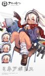  1girl azur_lane bag brown_footwear chair character_name closed_mouth company_name copyright_name cup dark_skin drinking_straw duffel_bag expressions headphones holding holding_cup loafers logo long_sleeves looking_at_viewer mephist-pheles minneapolis_(azur_lane) notebook official_art pencil ponytail red_eyes red_scarf scarf shoes socks solo white_hair white_legwear 