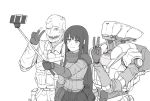  1boy 1girl broken_teeth cellphone commentary_request eyebrows_visible_through_hair eyes_visible_through_hair girls_frontline gloves holster korean_commentary m4a1_(girls_frontline) military military_uniform mod3_(girls_frontline) phone pouch robot selby self_shot selfie_stick smile soldier spoilers torn_clothes torn_gloves uniform v warts zombie 