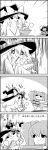  4koma bow bowl bucket carrying chopsticks comic commentary_request eating emphasis_lines greyscale hair_bobbles hair_ornament hands_together hat hat_bow highres holding holding_bowl holding_chopsticks in_bucket in_container kirisame_marisa kisume leaf_hair_ornament long_hair looking_at_another monochrome rice rice_bowl short_hair smile sparkle steam tani_takeshi touhou translation_request twintails witch_hat yasaka_kanako yukkuri_shiteitte_ne 