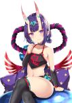 1girl bare_shoulders black_legwear blush closed_mouth collarbone detached_sleeves fang fang_out fate/grand_order fate_(series) hand_up head_tilt headpiece heart highres horns legs_crossed long_sleeves navel noeru_(gt17854) oni oni_horns pointy_ears purple_hair short_eyebrows shuten_douji_(fate/grand_order) shuten_douji_(halloween)_(fate) sidelocks simple_background smile solo star thick_eyebrows thigh-highs violet_eyes white_background 