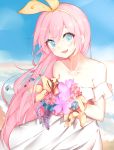  1girl :d absurdres bare_shoulders blue_eyes blue_sky blush bouquet bow collarbone day dress fang flower fuune hair_bow highres holding holding_bouquet long_hair looking_at_viewer open_mouth outdoors petals pink_flower pink_hair sky smile solo very_long_hair white_dress yellow_bow 