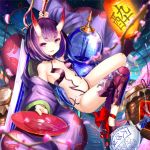  1girl :d alcohol alphatitus arm_up bangs blunt_bangs bottle breasts cherry_blossoms cup eyebrows_visible_through_hair fate/grand_order fate_(series) highres holding holding_sword holding_weapon horns lantern looking_at_viewer navel night open_mouth outdoors paper_lantern purple_hair purple_legwear sakazuki sake sake_bottle shiny shiny_hair short_hair shuten_douji_(fate/grand_order) side_ponytail single_legging sky small_breasts smile solo star_(sky) starry_sky sword violet_eyes weapon 
