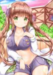  &gt;:) 1girl bangs blue_shorts blue_sky blush breasts brown_hair cleavage closed_mouth clouds cloudy_sky collarbone commentary_request dated day eyebrows_visible_through_hair fence flower gochuumon_wa_usagi_desu_ka? green_eyes hair_flower hair_ornament hair_ribbon hand_on_own_chest hand_up highres house jacket large_breasts long_hair long_sleeves navel open_clothes open_fly open_jacket open_shorts outdoors purple_ribbon ribbon short_shorts shorts sky smile solo twintails twitter_username ujimatsu_chiya v-shaped_eyebrows very_long_hair white_flower white_jacket zenon_(for_achieve) 